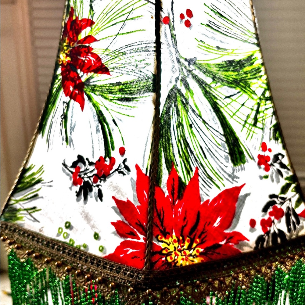 Elegant Christmas Lampshade – Poinsettia & Pine, Beaded Fringe